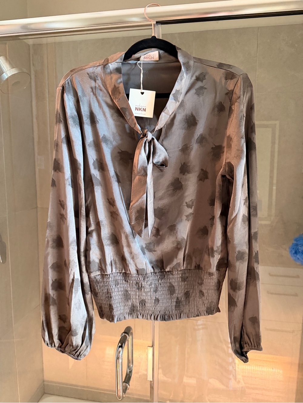 Nekane NKN Taupe Tie-Neck Satin Blouse